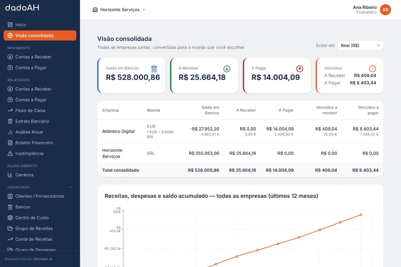 Visão consolidada do dadoAH com empresas em real e em euro